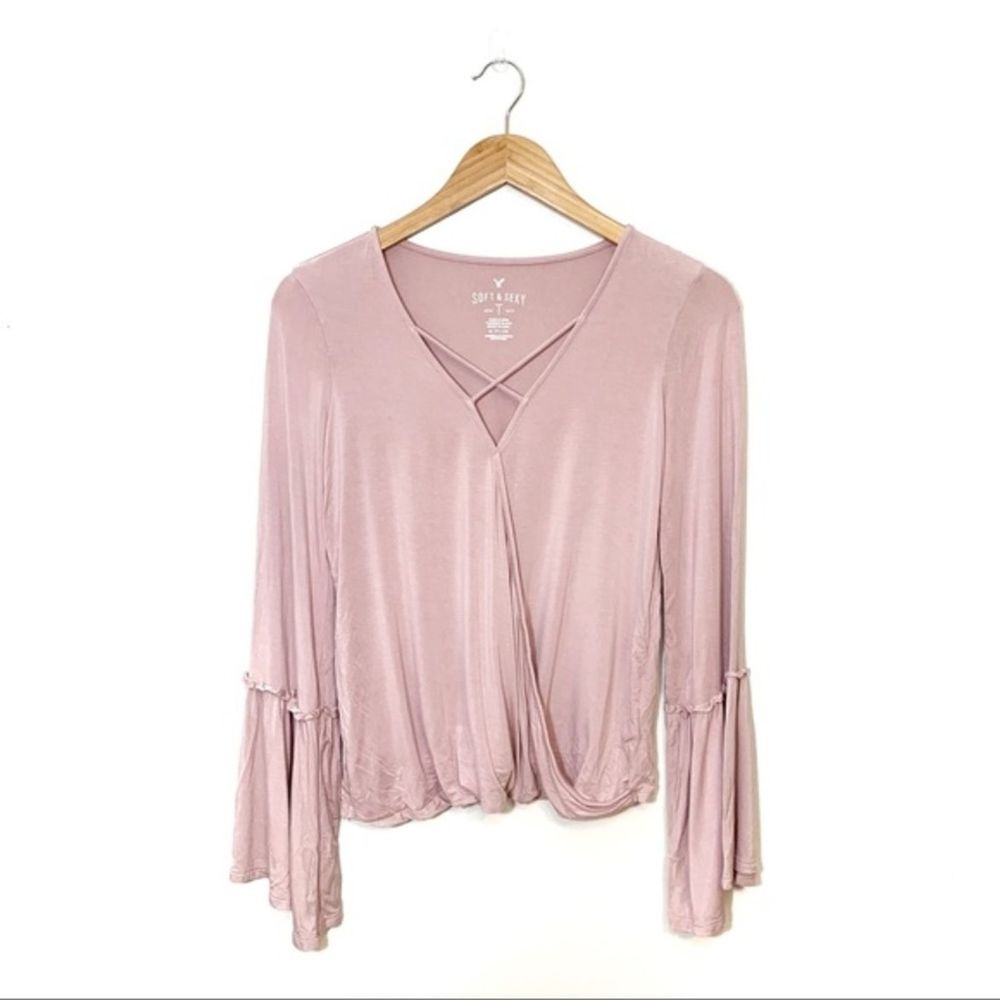 AEO Pink Bell Sleeve Strappy Faux Wrap Top Size S